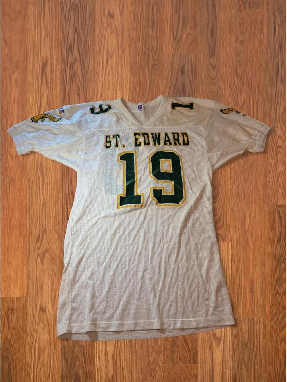 Russell Athletic St Edward High School Football Jersey Mens XL White Green Gold